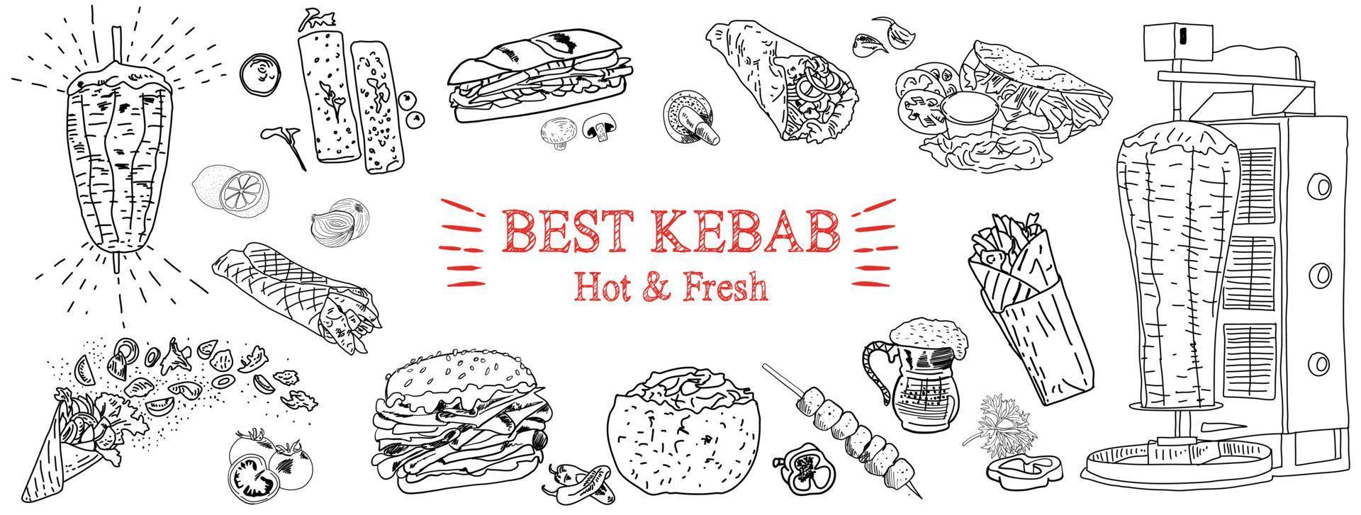 Shawarma cooking and ingredients for kebab. vector