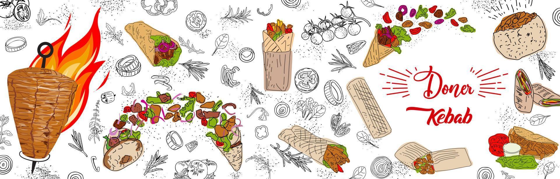 Shawarma cooking and ingredients for kebab. vector