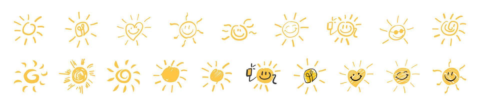 Set of hand drawn sun icons. Funny vector doodle suns.