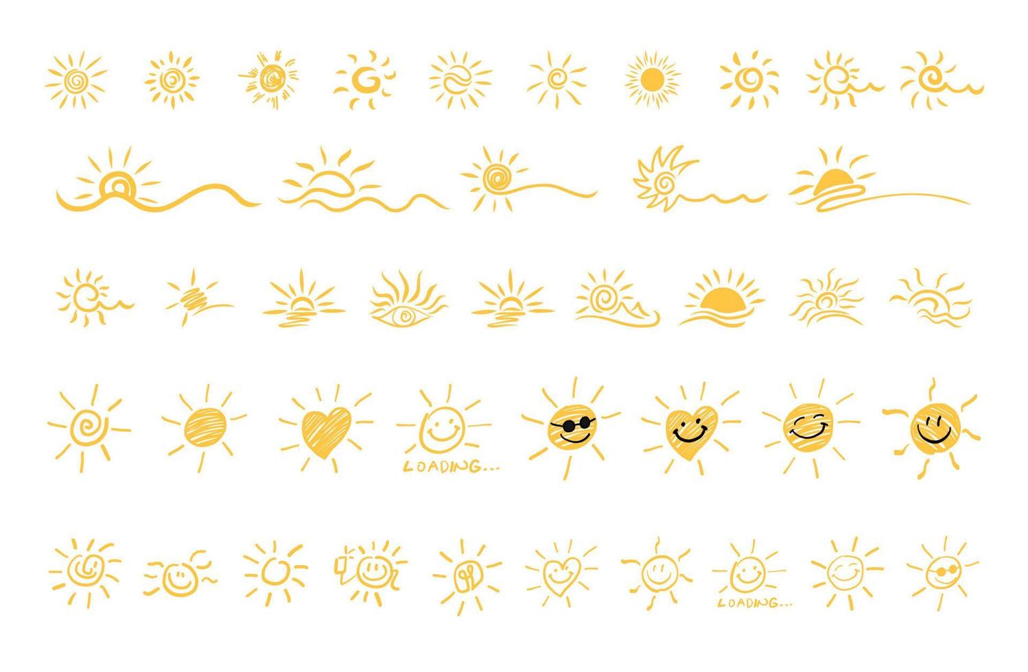 Set of hand drawn sun icons. Funny vector doodle suns.