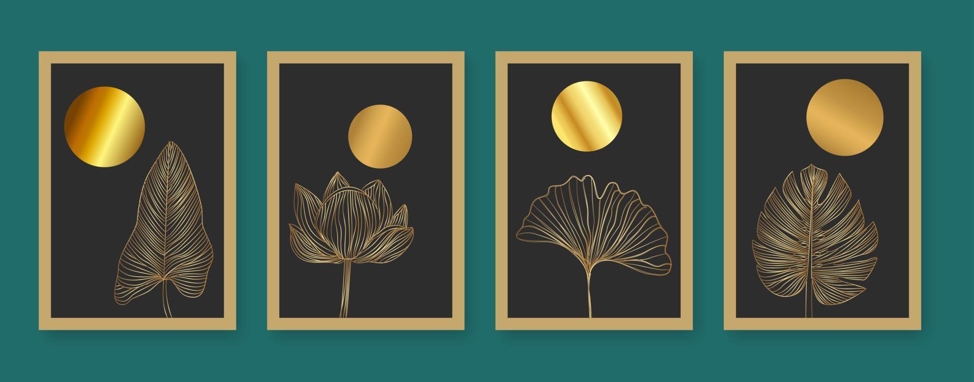 Conjunto de vectores de arte de pared de línea botánica y dorada.