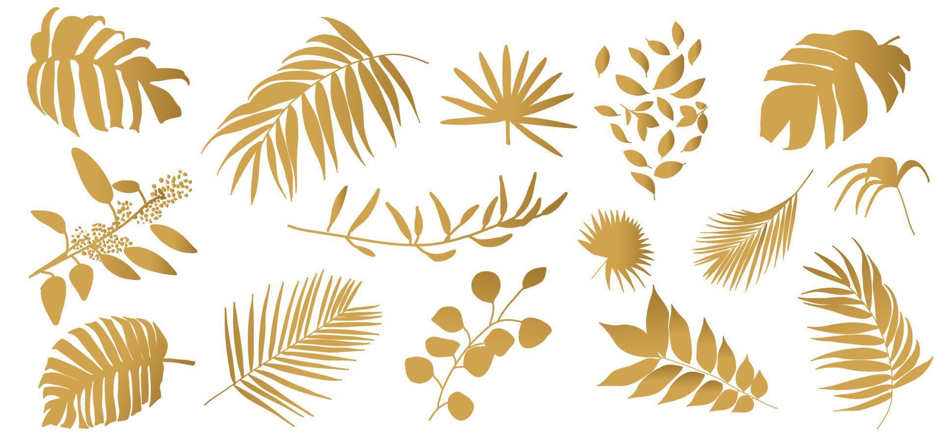 conjunto de hojas tropicales. ilustración vectorial de varios follaje de oro aislado en blanco. vector