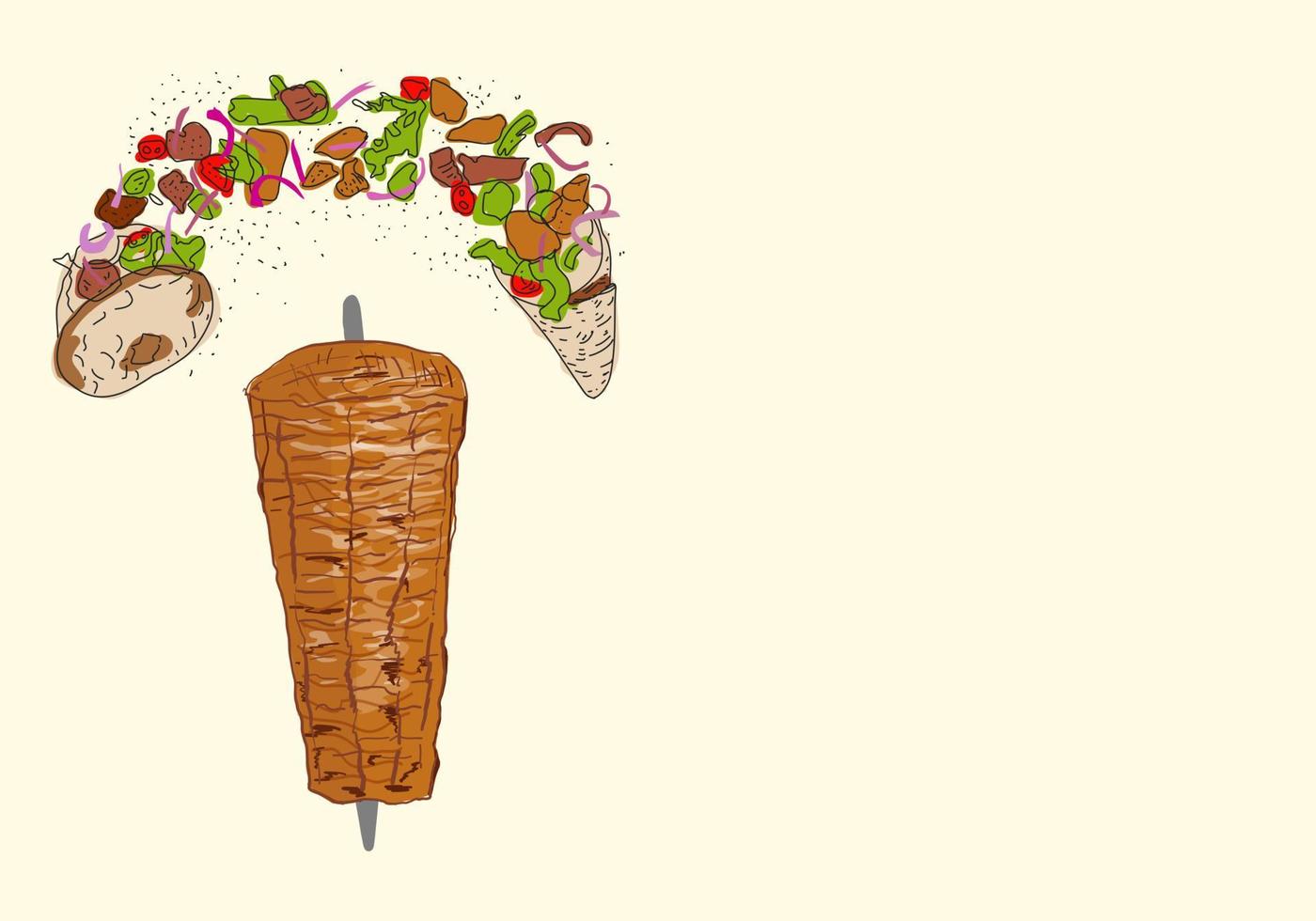 Shawarma cooking and ingredients for kebab. vector