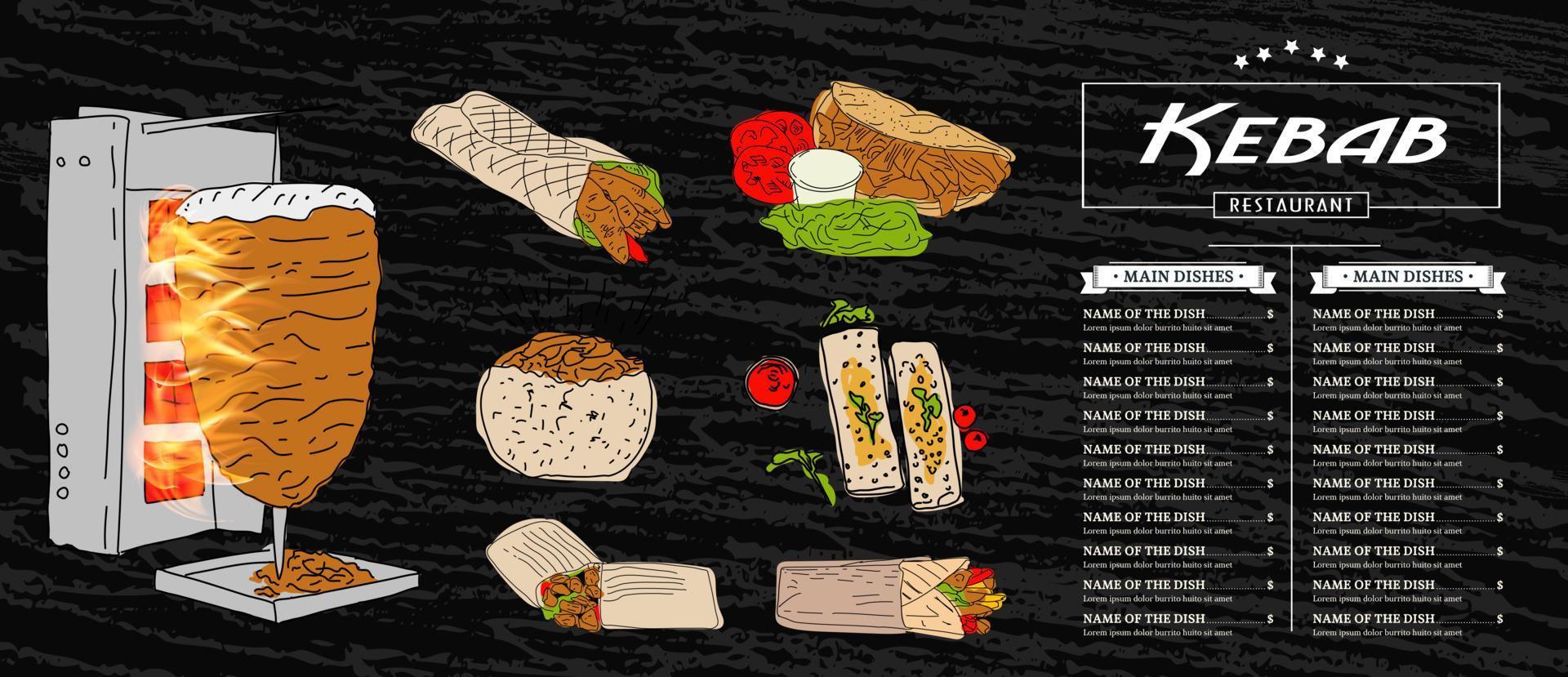 Shawarma cooking and ingredients for kebab. vector