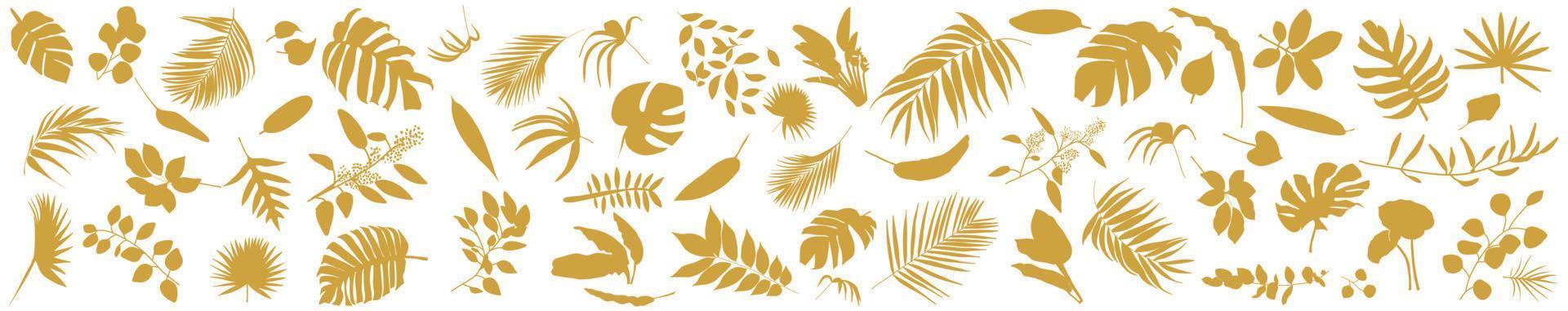 Set of Tropical leaves. Vector illustration of various gold foliage isolated on white.