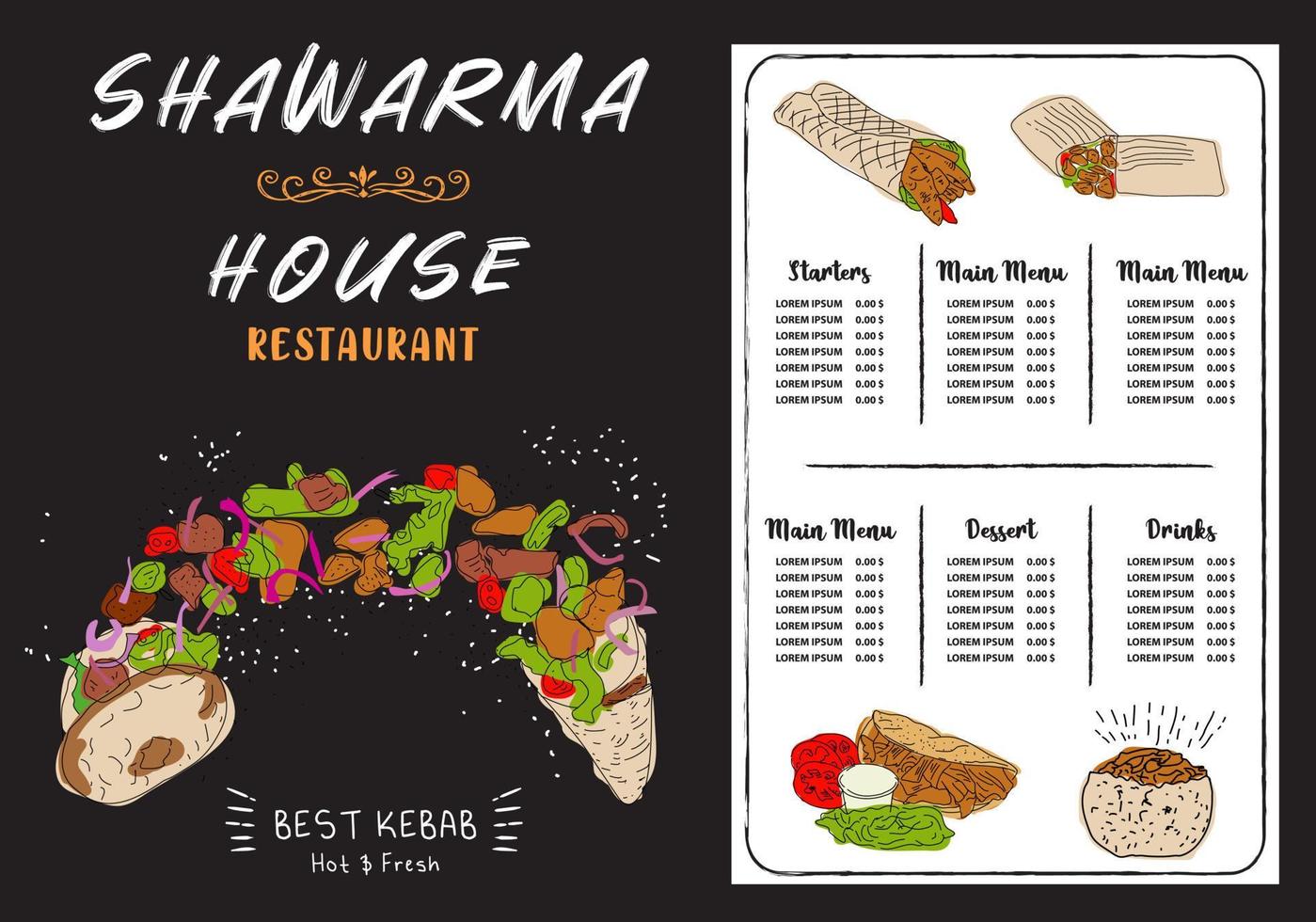 Shawarma cooking and ingredients for kebab. vector