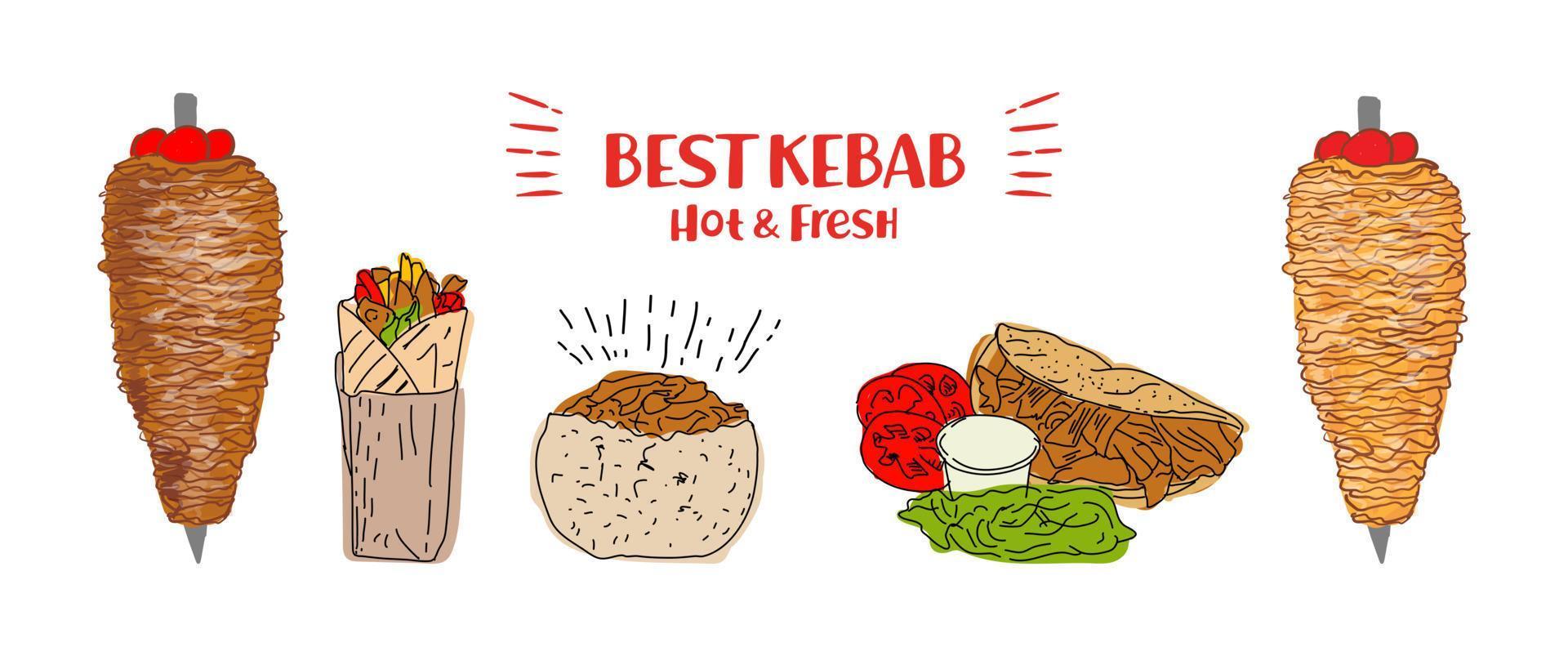 Shawarma cooking and ingredients for kebab. vector