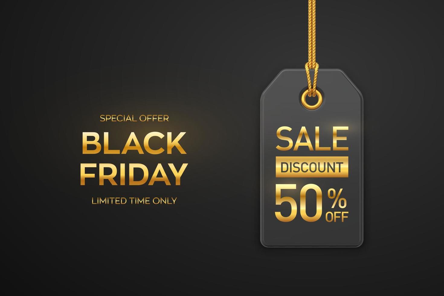 Black Friday sale price tag. Black tag hanging on gold rope. Discount label on black background. Black friday design, advertising, marketing price tag. Realistic 3D vector illustration.