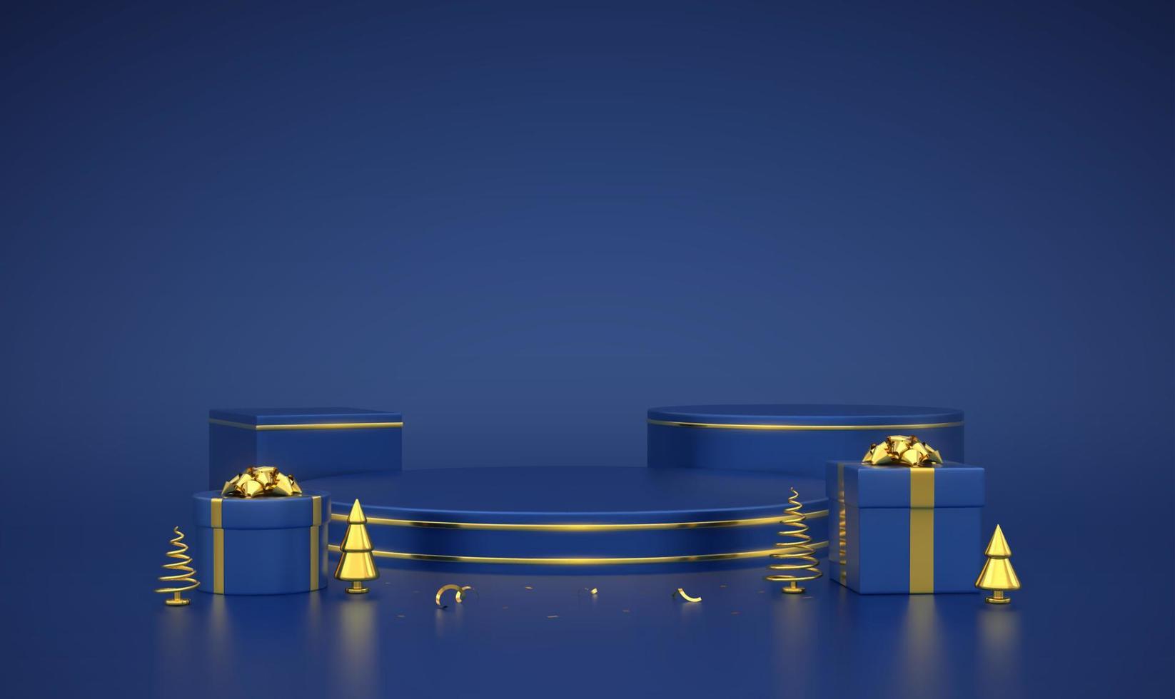 Blue round and cube podium. Scene and 3D platform with gold circle on blue background. Blank Pedestal with gift boxes with golden bow and golden metallic pine, spruce trees. Vector illustration.