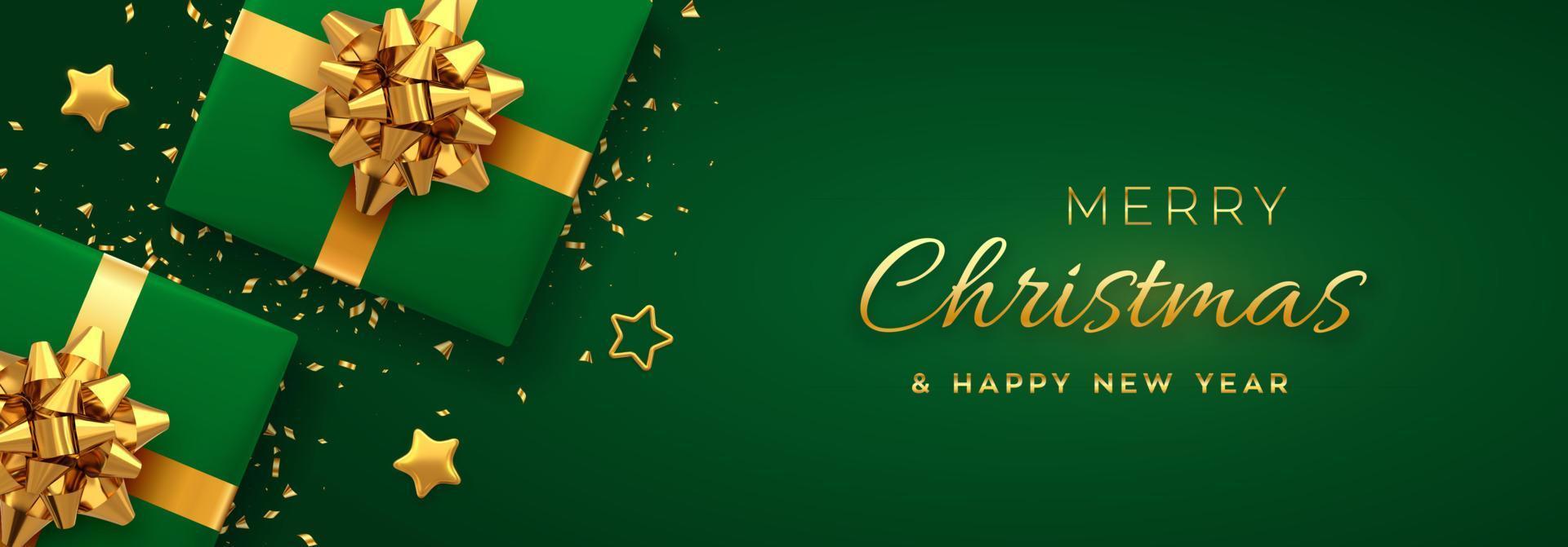 Christmas banner. Realistic green gift boxes with golden bow, gold stars and glitter confetti. Xmas background, horizontal christmas poster, greeting cards, headers website. Vector illustration.