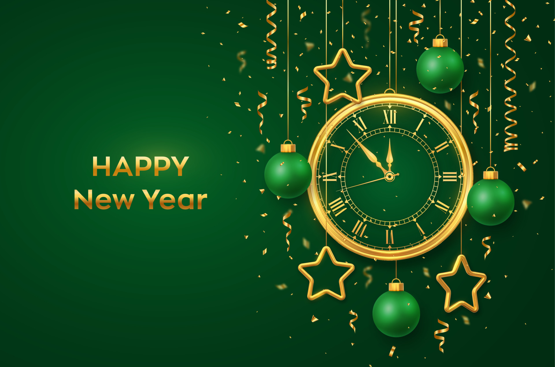 Happy New Year 2021. Golden shiny watch with Roman numeral and countdown  midnight, eve for New Year. Green background with gold stars and balls.  Merry Christmas. Xmas holiday. Vector illustration. 4086234 Vector