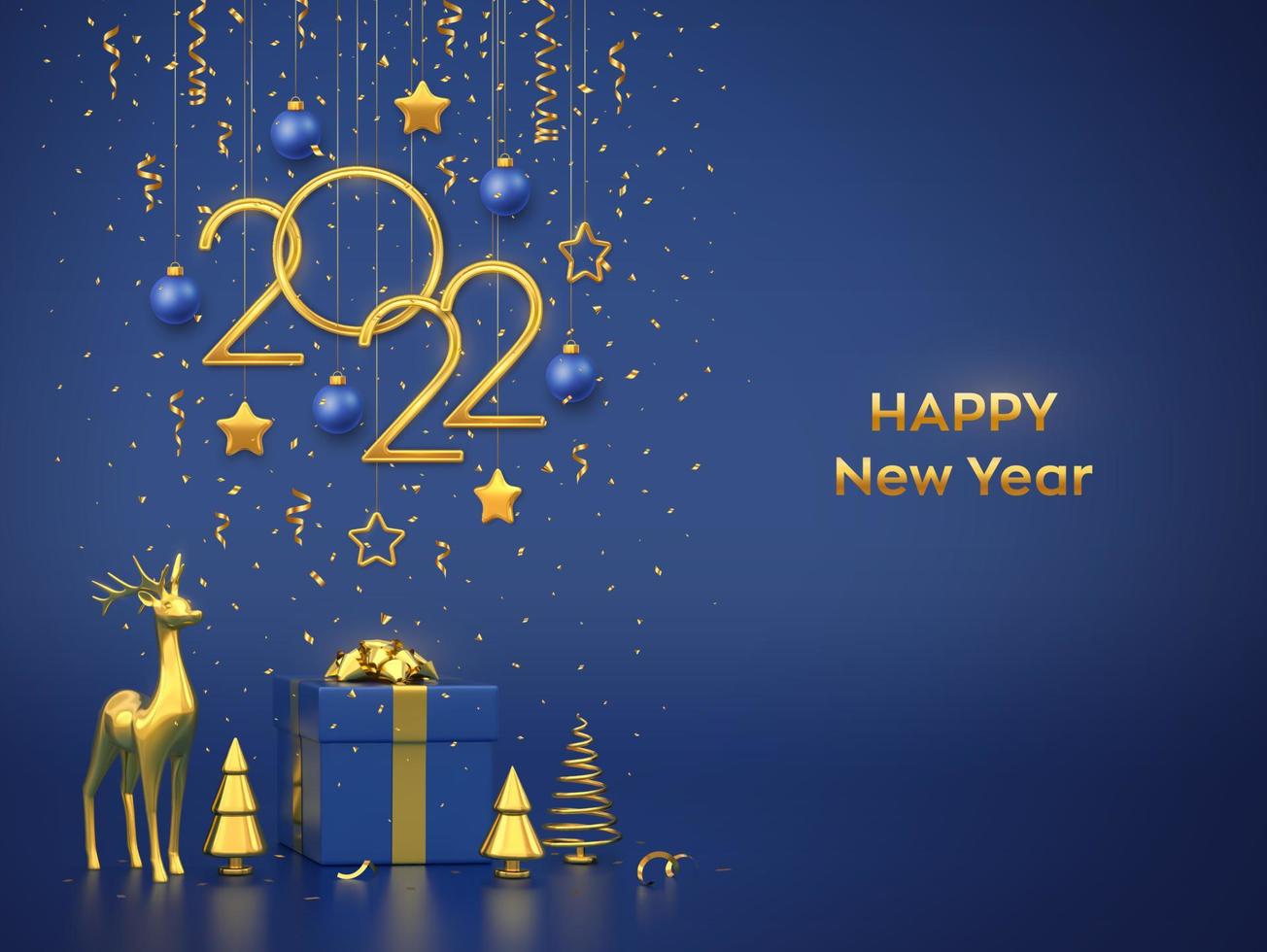 Happy New 2022 Year. Hanging golden metallic numbers 2022 with stars, balls on blue background. Gift box, gold deer and golden metallic pine or fir, cone shape spruce trees. Vector illustration.