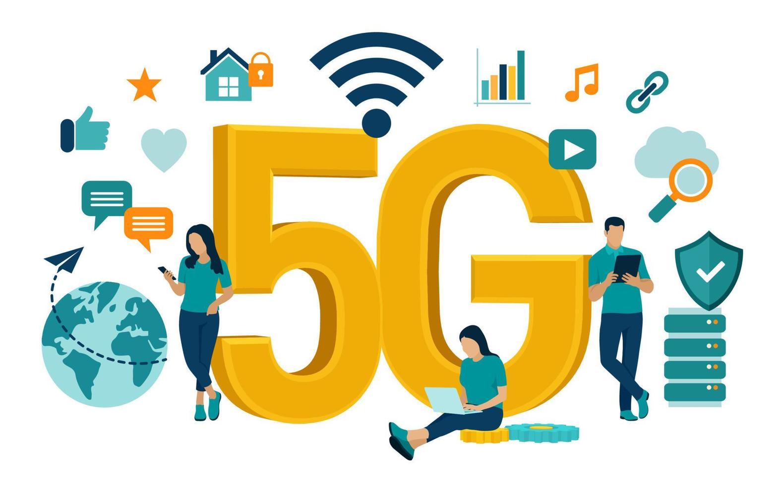 Concepto de tecnología móvil de internet de red 5g. Sistemas inalámbricos 5g e internet de las cosas. Internet móvil de alta velocidad. utilizando dispositivos digitales modernos. ilustración vectorial con iconos y personajes. vector