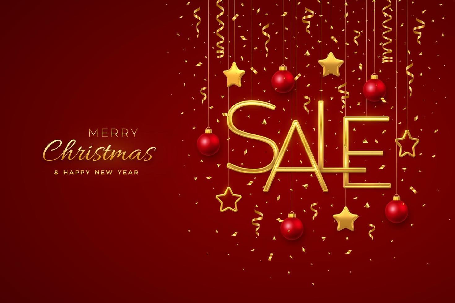 Christmas sale design banner template. Hanging Golden metallic Sale letters with 3D metallic stars, balls and confetti on red background. Advertising poster or flyer. Realistic vector illustration.