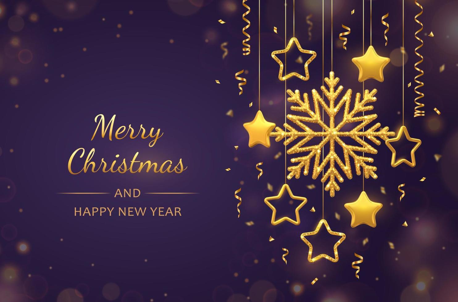 Christmas purple background with hanging shining golden snowflakes, 3D metallic stars and balls. Merry christmas greeting card. Holiday Xmas and New Year poster, web banner. Vector Illustration.