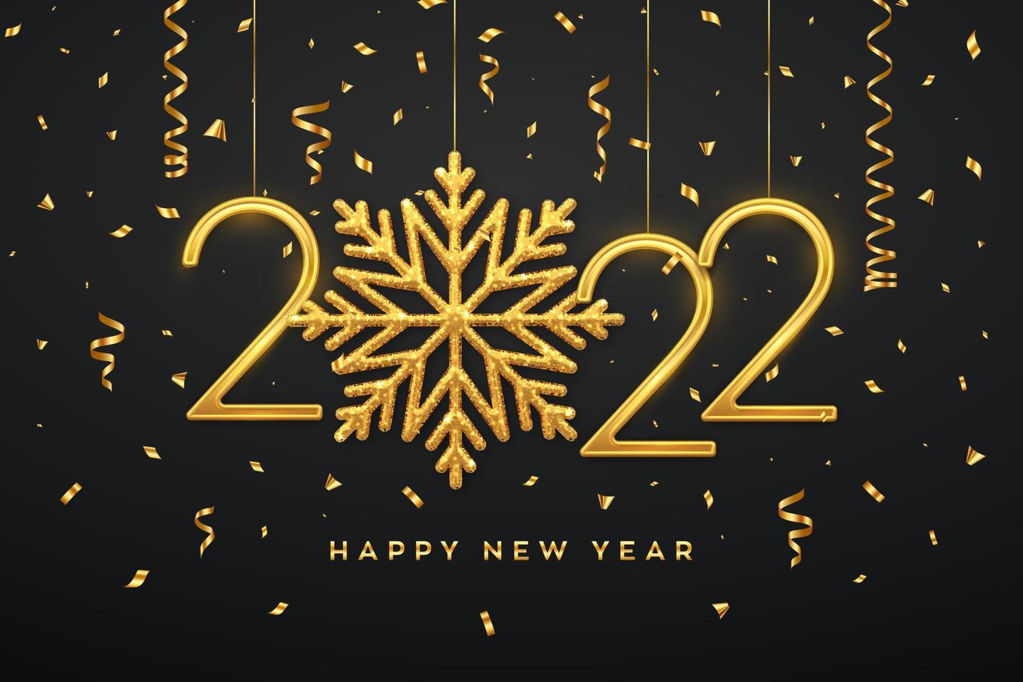 Happy New 2022 Year. Hanging Golden metallic numbers 2022 with shining snowflake and confetti on black background. New Year greeting card or banner template. Holiday decoration. Vector illustration.