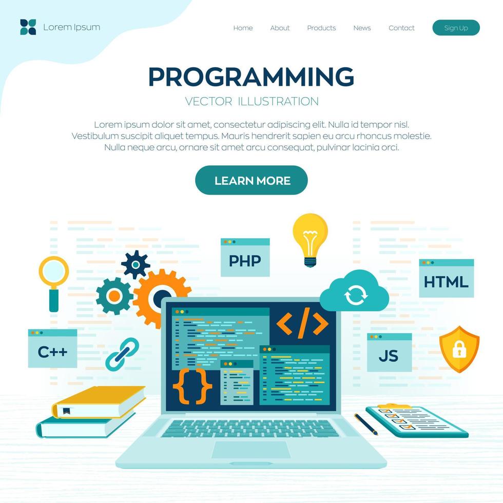 Programming banner, coding, best programming languages. Development and software concept. Computer code with windows on laptop screen. Workplace and working on laptop. Flat vector illustration.