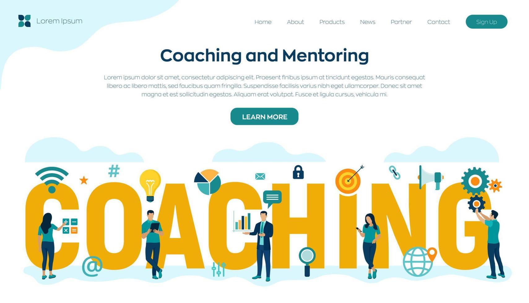 Coaching and mentoring concept. Personal development. Education and e-learning. Webinar, online training courses. Corporate Education. Company Workshop. Vector Illustration with icons and characters.