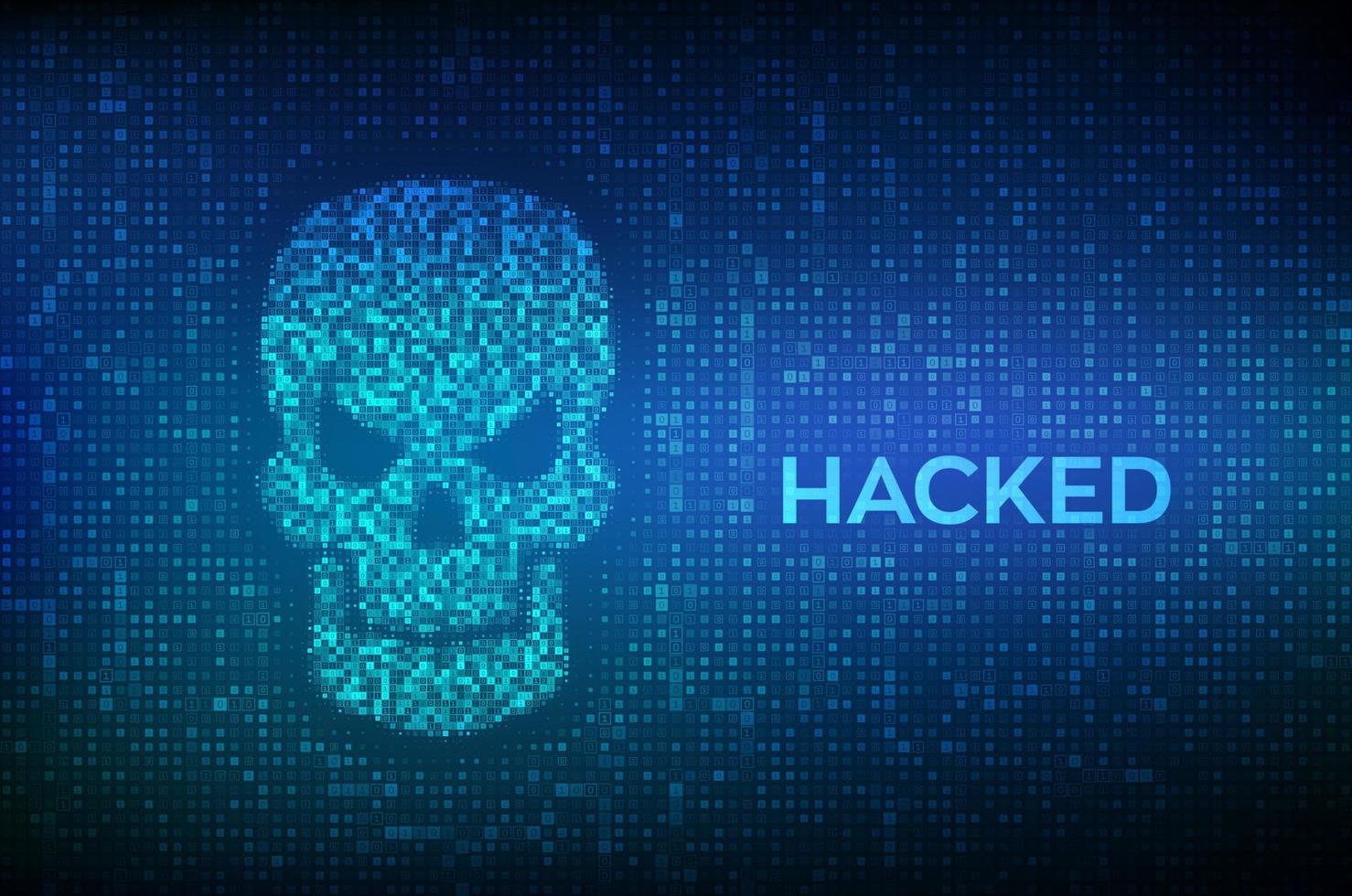 Hacked. Shape of skull made with binary code. Digital code on a screen with a skull representing a computer virus or malware attack. Concept of cyber crime, internet piracy and hacking. Vector. EPS10. vector