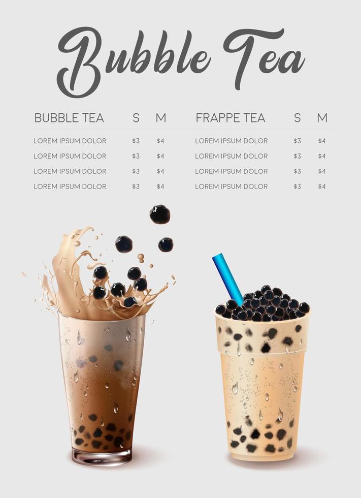 té con leche de burbujas, té con leche de perlas, diferentes tipos de boba. deliciosas bebidas. vector