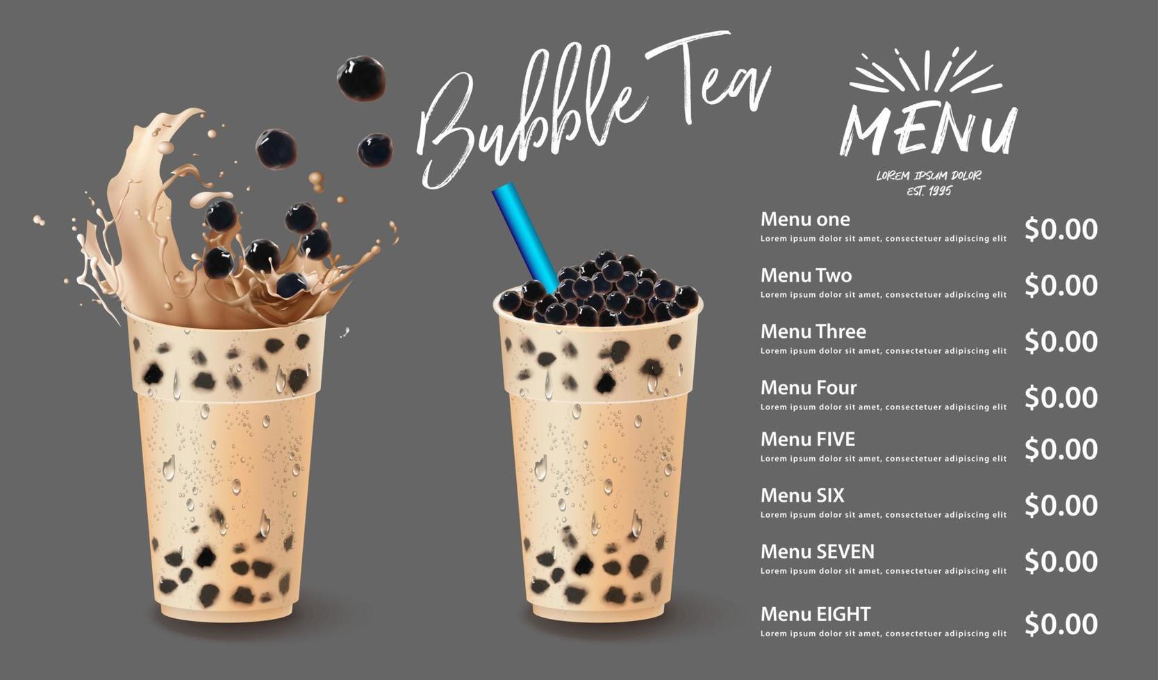 té con leche de burbujas, té con leche de perlas, diferentes tipos de boba. deliciosas bebidas. vector