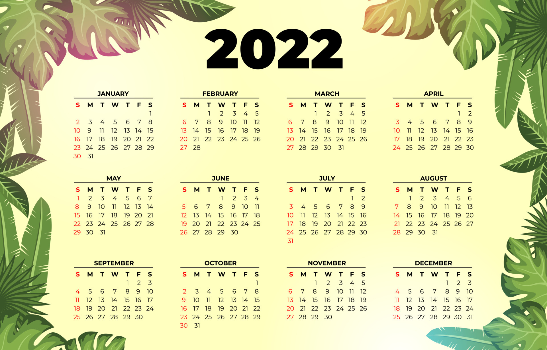2022 Calendar Template with Green Floral Theme 4086407 Vector Art at