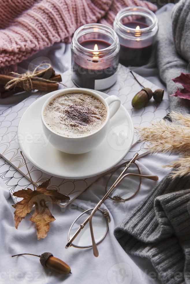 Autumn still life with  pumpkins and coffee photo