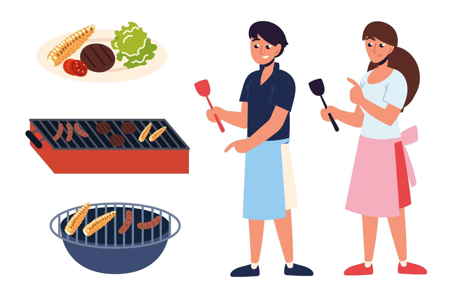 people and barbecue on grill vector