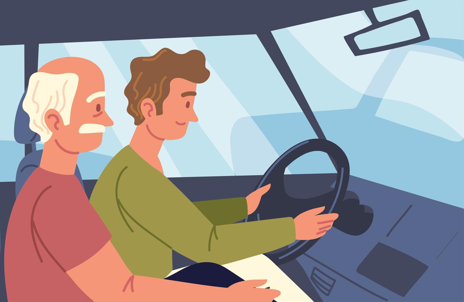 young and grandfather in car vector