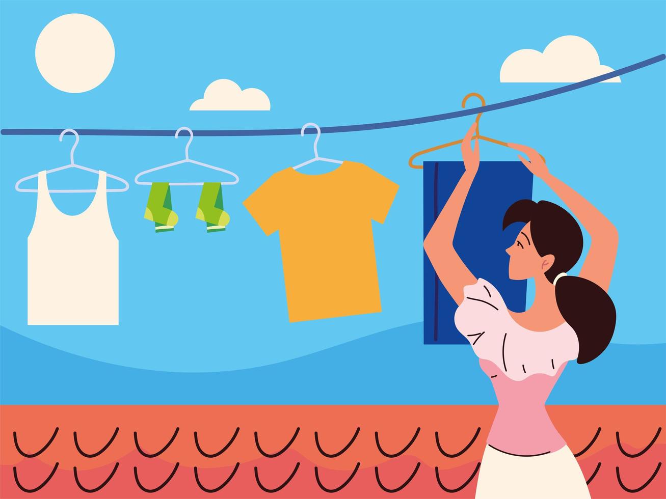 woman hanging clothes vector