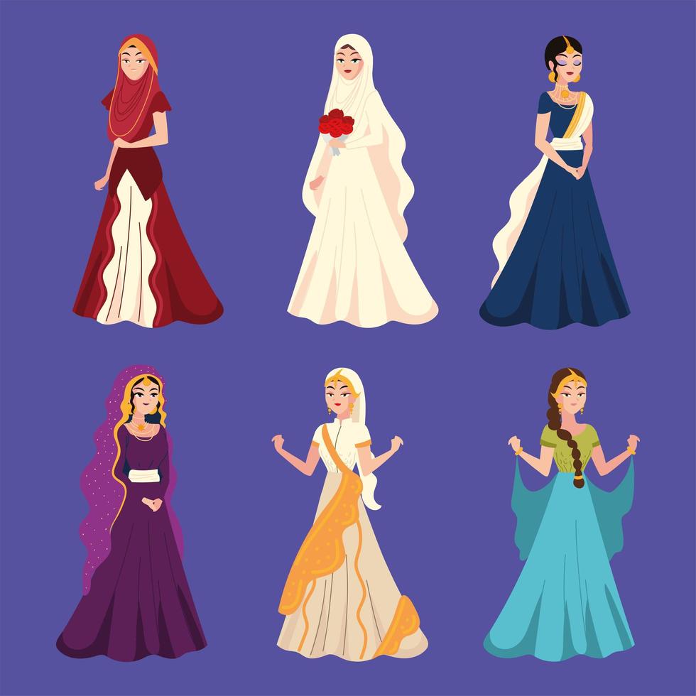 set of beautiful arabic brides vector