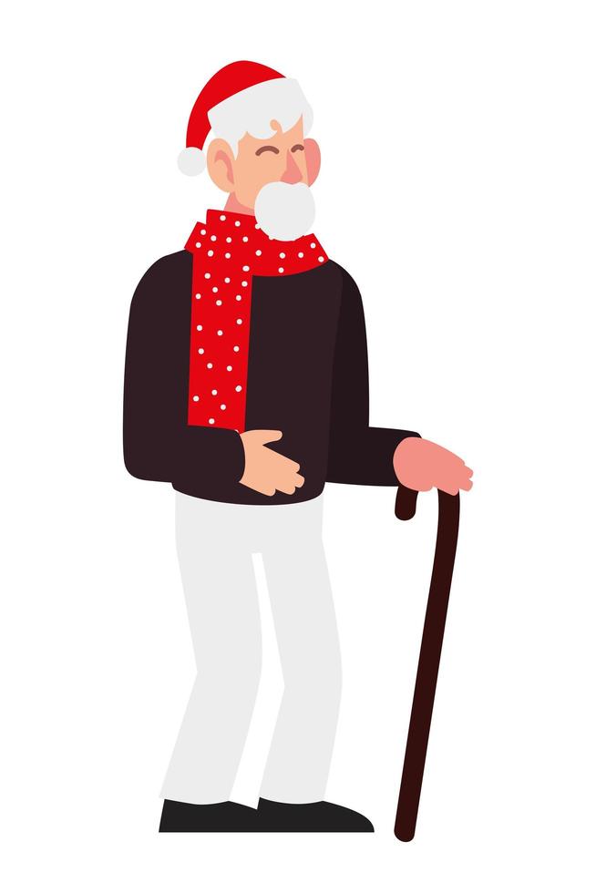 merry christmas old man with hat and walk stick character cartoon vector