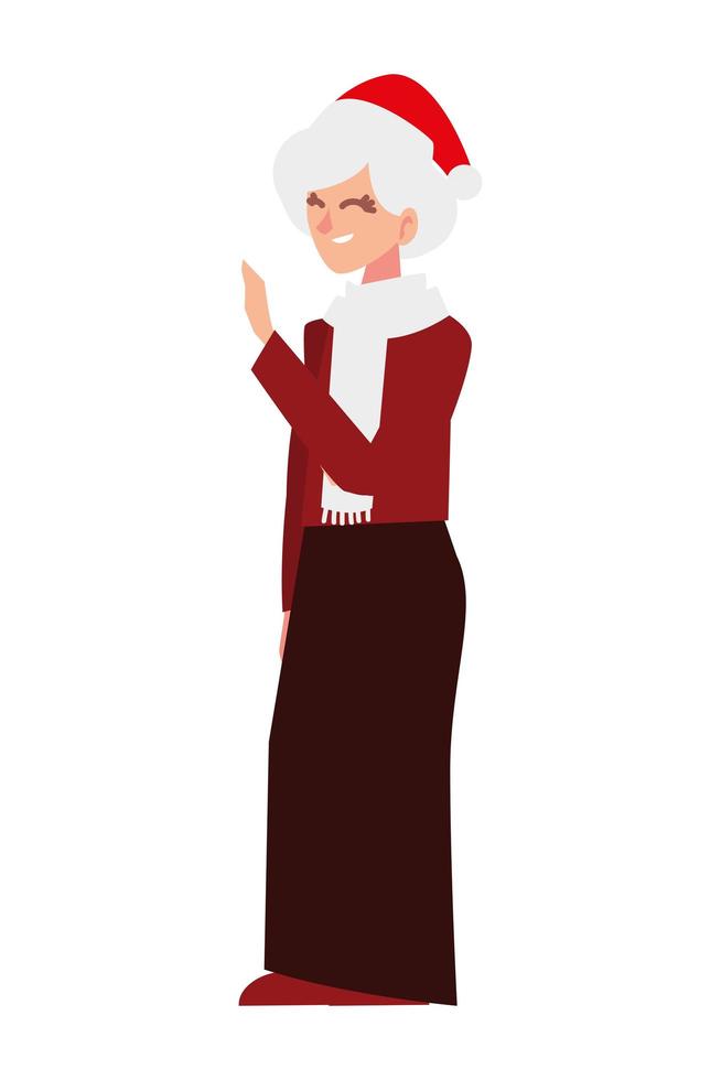 merry christmas old woman with santa hat cartoon vector