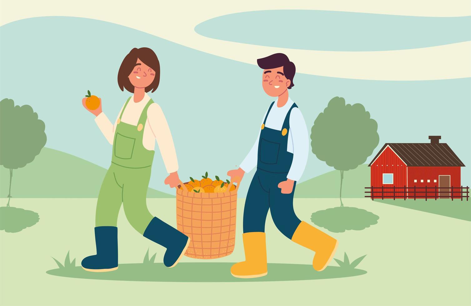 farmers couple with oranges vector