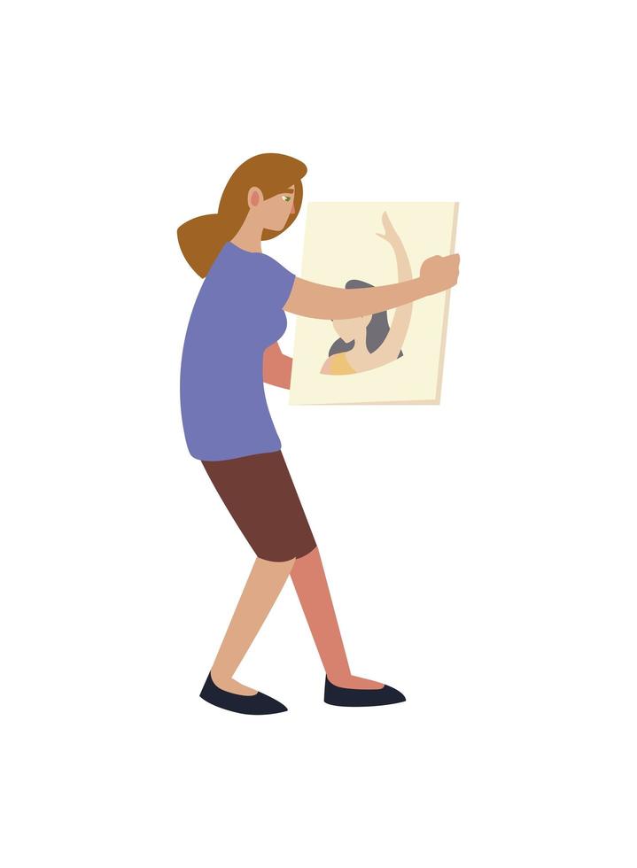paint class art, artist female painter with canvas in hands vector