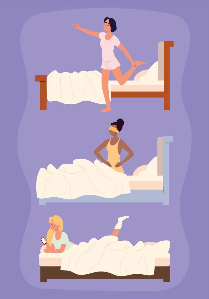 mujer diferente rutina de cama vector