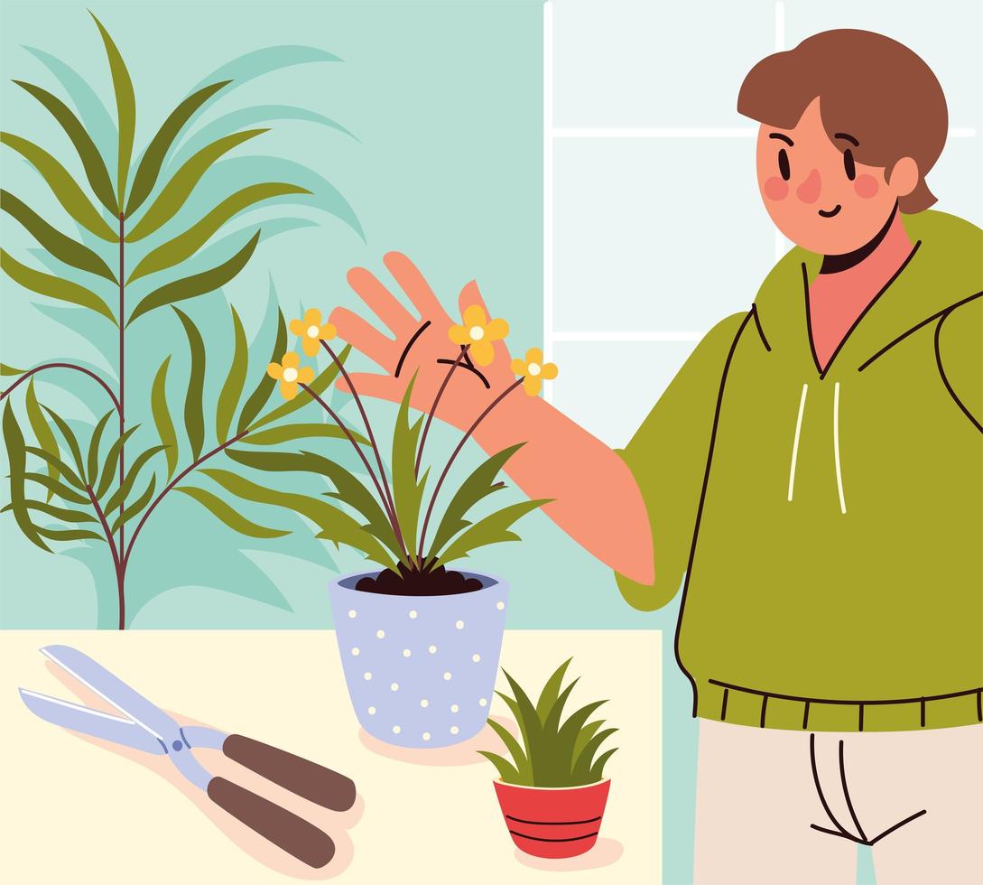 hombre y plantas de interior vector