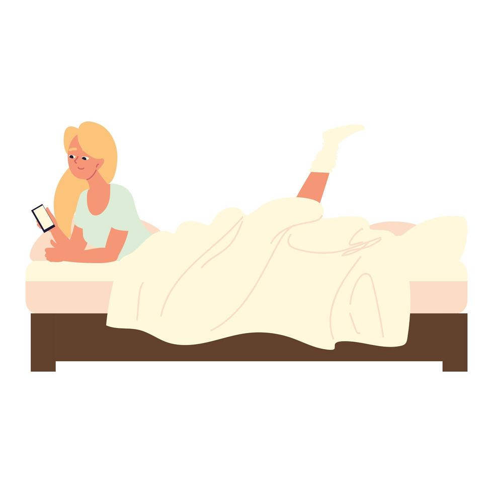 woman using phone on the bed vector