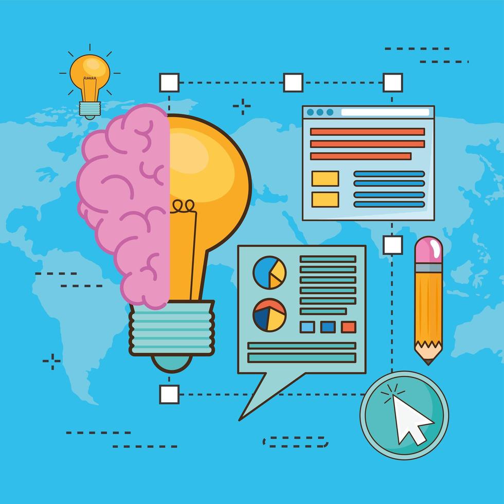 light bulb with brain and icons vector