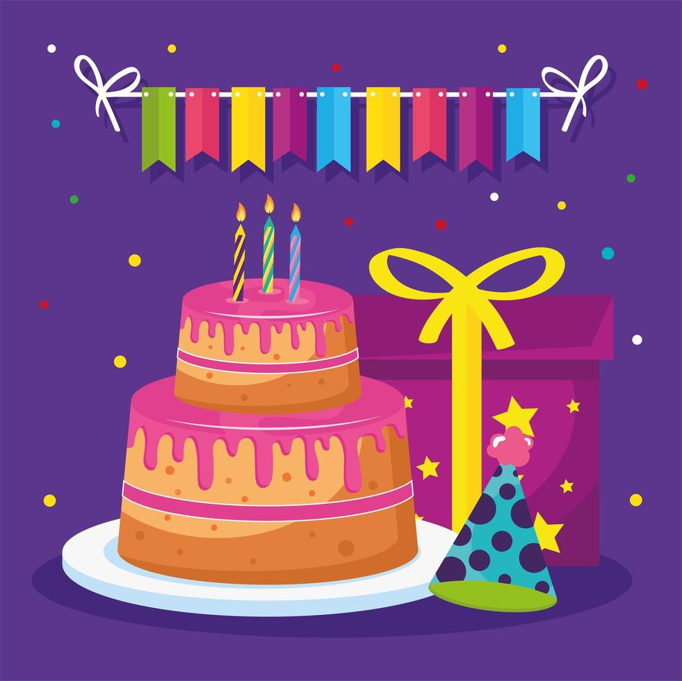 pastel de feliz cumpleaños con regalo y sombrero vector