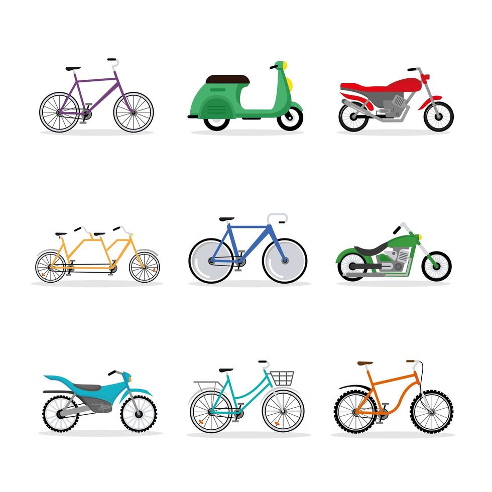 nine bikes and motorcycles vehicles vector