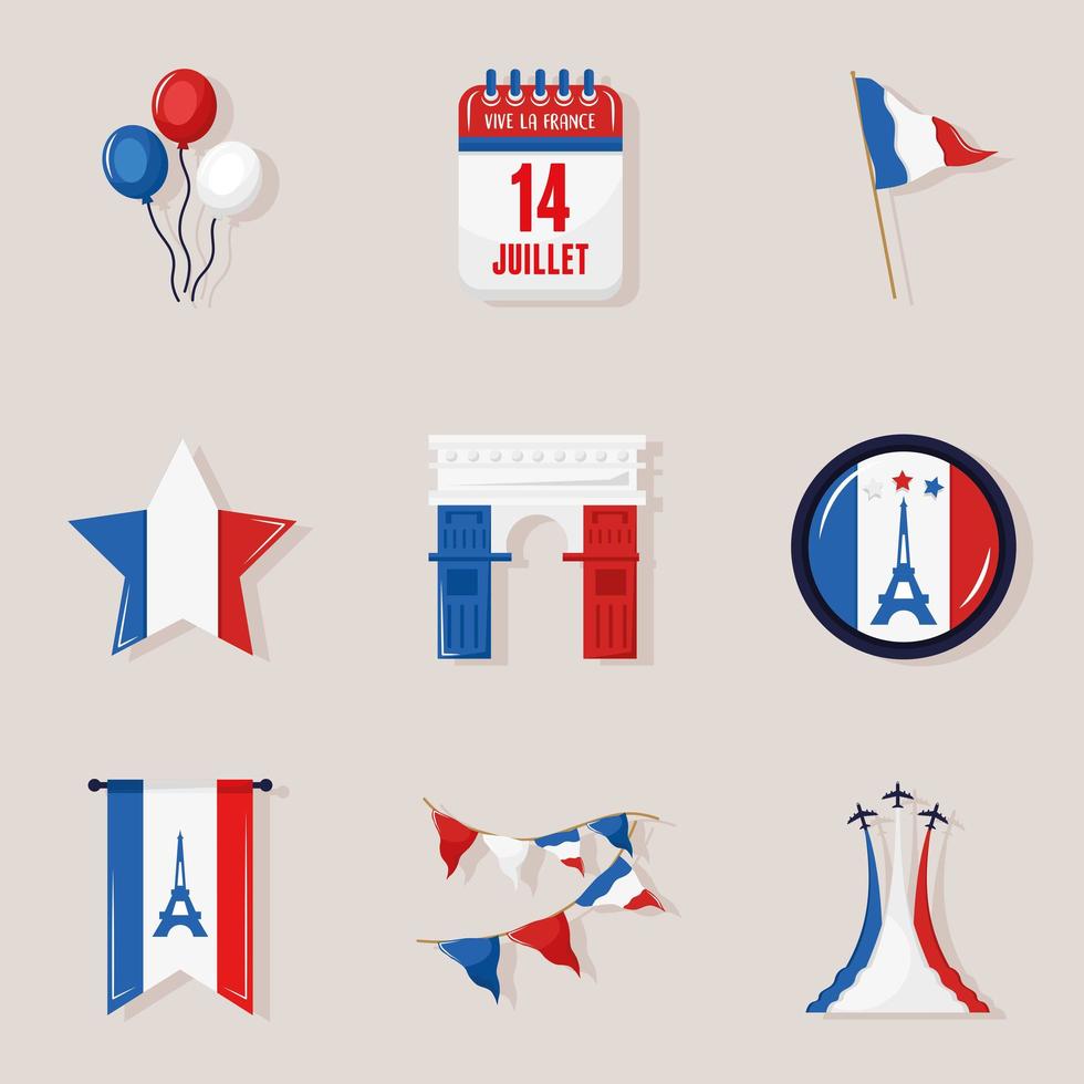 Happy bastille day icon set vector