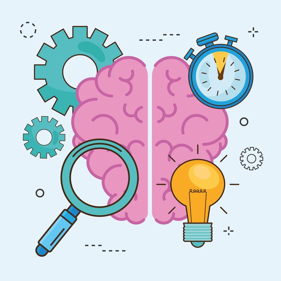 Brain with light bulb and icon set vector