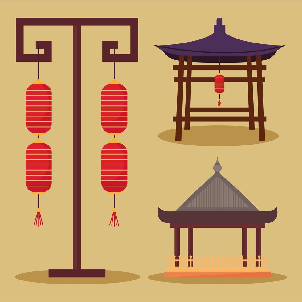 tres iconos de arquitectura asiática vector
