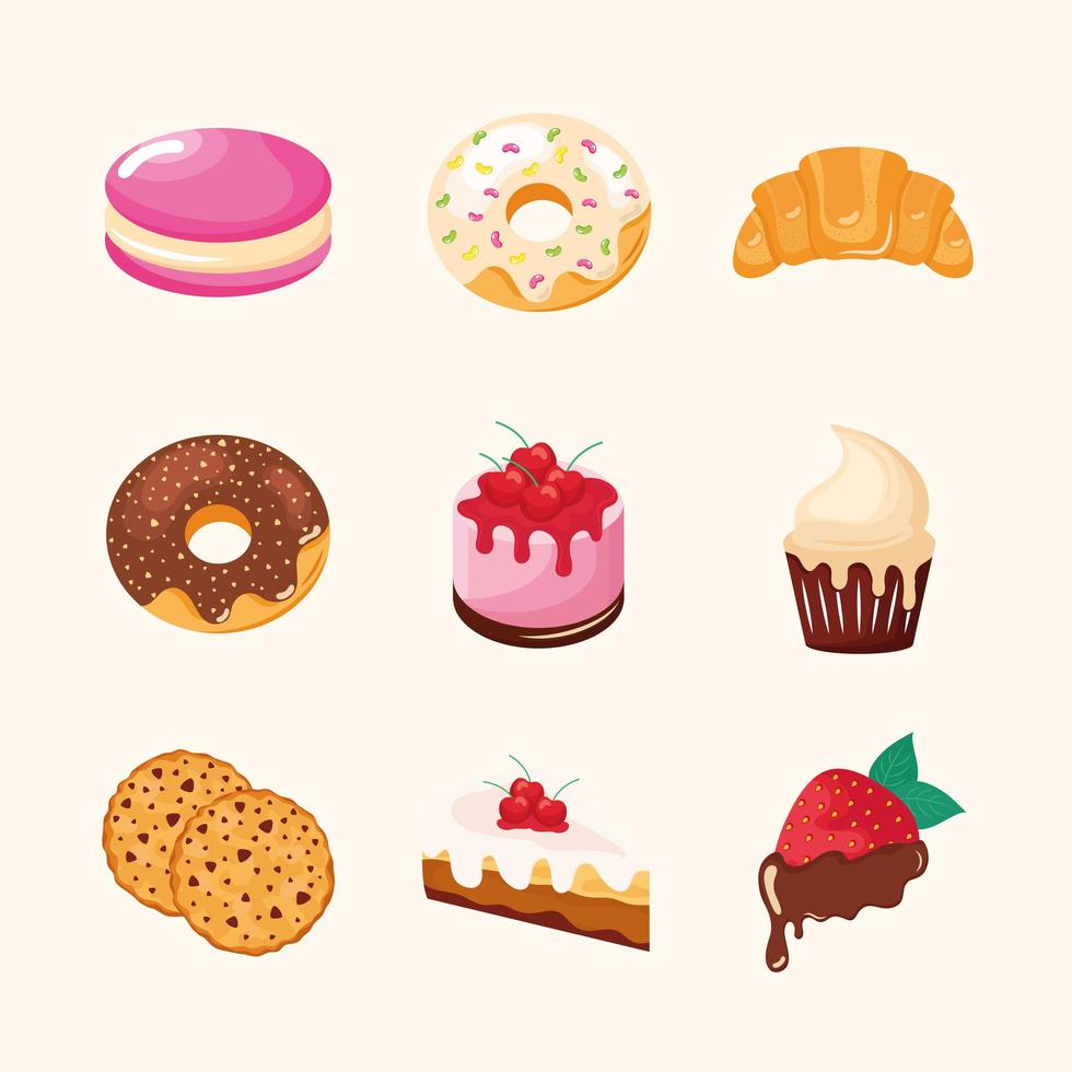 nine sweet pastry products vector