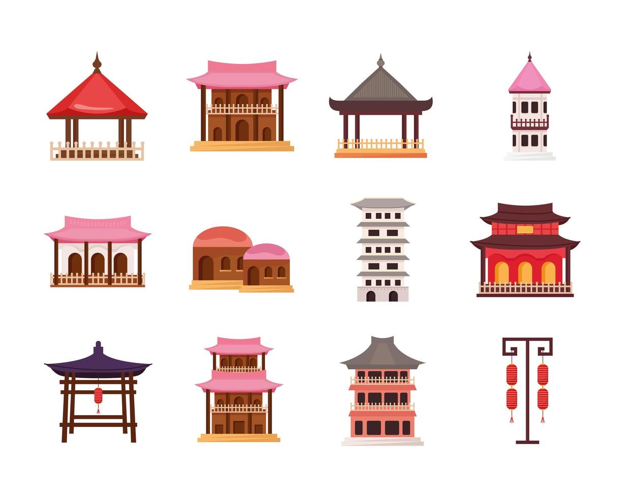 twelve asian architecture icons vector