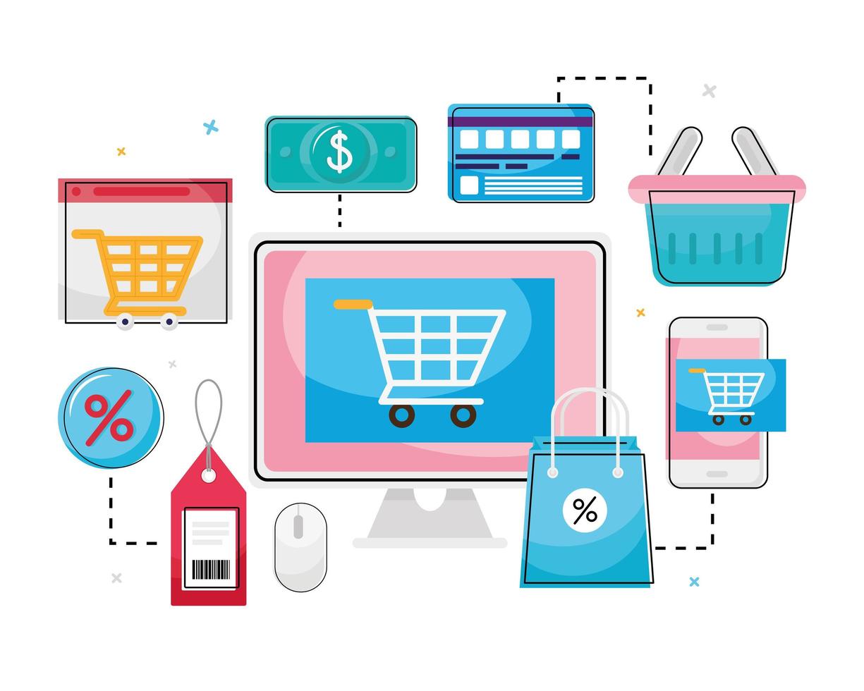 shopping cart in computer with icon collection vector