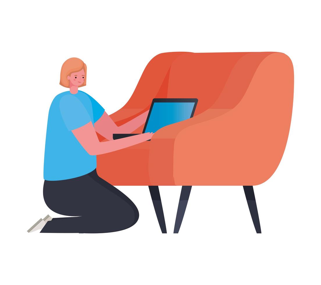 mujer con laptop en silla trabajando diseño vectorial vector