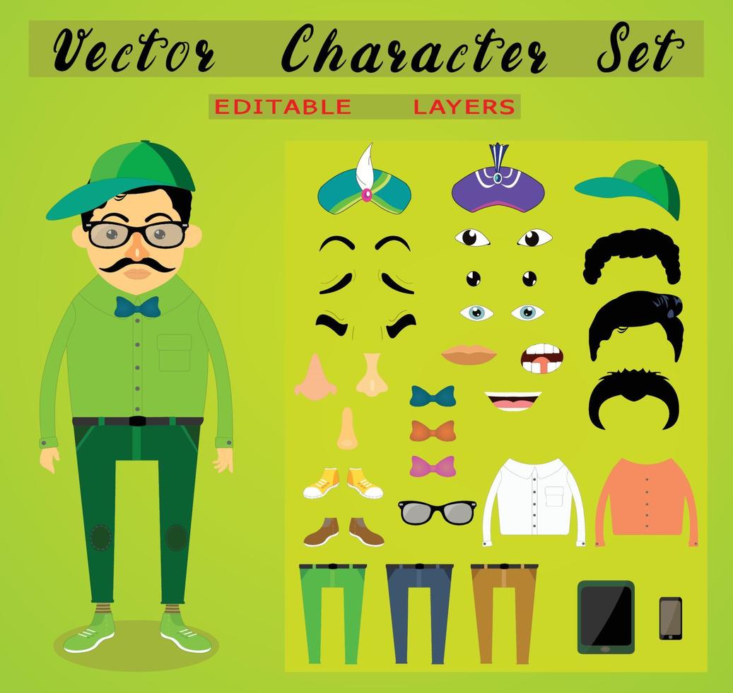 Front view animated characters. Male Students creation set with various hairstyles, face emotions, legs, eye brow , nose, and gestures. Cartoon style, flat vector illustration.