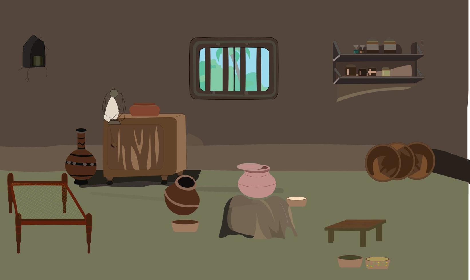 Village kitchen poor room inside view vector artwork